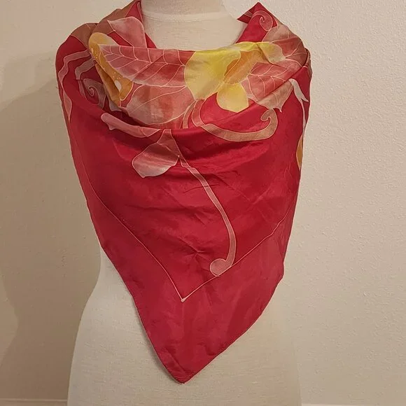 Vintage Floral Silk Batik Scarf With Yellow & Pink Flowers 34" - Picture 2 of 5